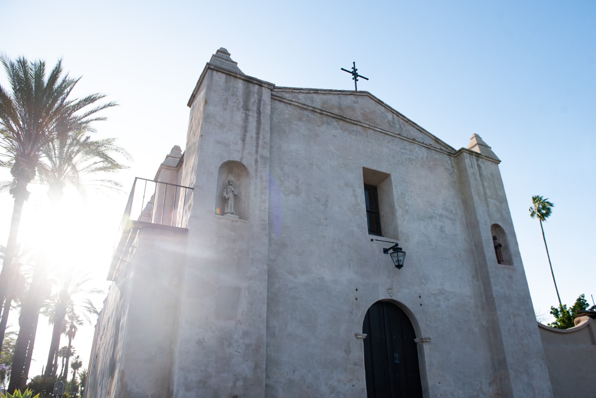 Mission church facade in sunlight