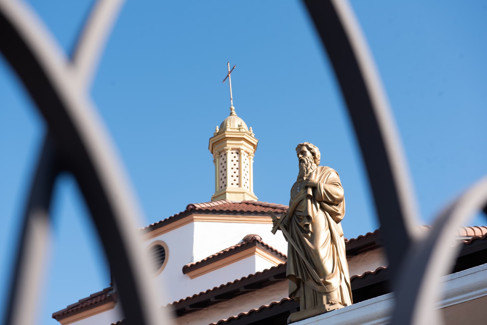 Statue and cupola seen through ironwork